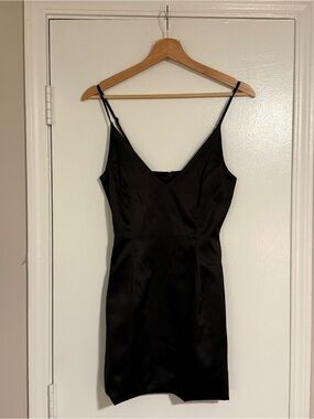 Black Satin Mini Slip Dress with V-Neck and Adjustable Straps